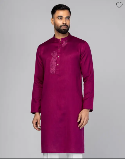 Purple Textured and Embroidered Viscose-Cotton Slim Fit Panjabi