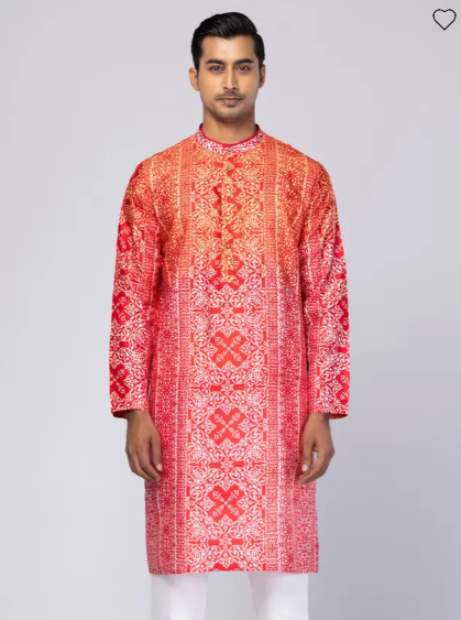 Peach/Red Ombre Dyed and Embroidered Silk Panjabi